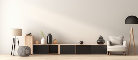 This living room features white walls and furniture, including wooden cubes, a carpet, a lamp, black design accents, a vase, a white lamp, and small personal accessories.