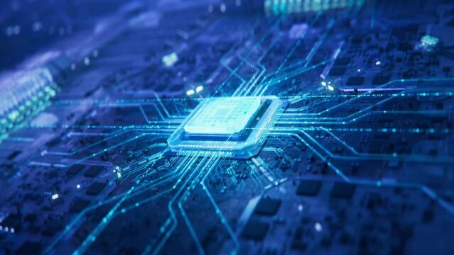 Dynamic Close-up of Futuristic Translucent Processor Connecting with Socket and Motherboard. Next Generation Microchip Activating and Powering System. High Performance GPU Chip in Blue Neon Light. 