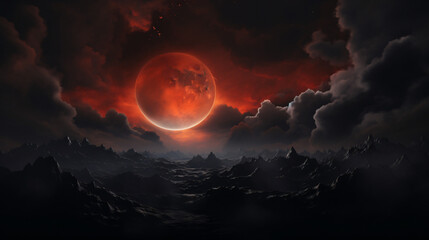 Moon eclipse in a cloudy night sky. . - obrazy, fototapety, plakaty