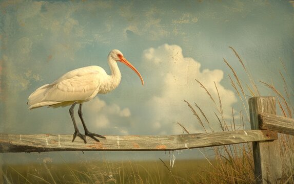 An Exquisite Picture of a Stately White Ibis on a Dilapidated Wooden Barricade