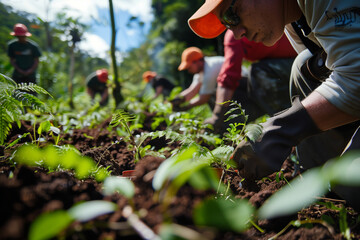 Fototapeta premium conservation efforts and reforestation projects. depicting volunteers planting trees.