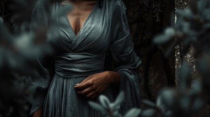  a close up of a woman wearing a dress and holding her hands in her pockets while standing in a forest. - obrazy, fototapety, plakaty