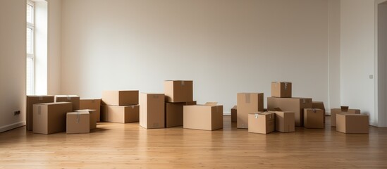 Numerous cardboard boxes are scattered across the floor of an empty room. The boxes vary in size and shape, creating a cluttered and disorganized space.