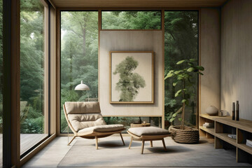 Tranquil living room with a solo chair, botanical addition, and a frame left open for your creative input.