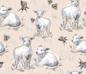 Beautiful pencil drawn rustic pattern with sheep on a beige background.