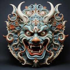 A highly detailed Balinese demon mask sculpture with ornate carvings and menacing expression.