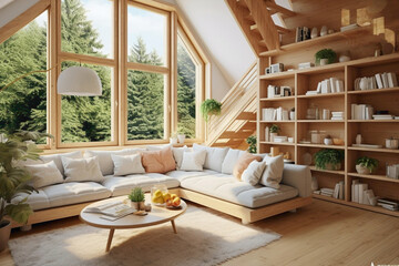 Interior design with Scandinavian stairs, a cozy window reading nook, and a living room with inviting sofas and a wooden coffee table.