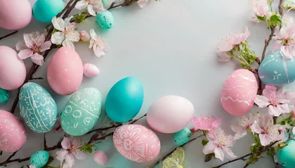 Fotobehang Cadre de Pâques avec œufs de Pâques turquoise et rose, avec différents ornements et décorations de fleurs printanières © Angel