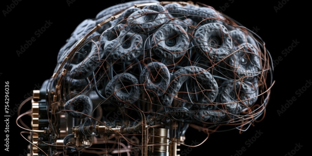 Poster brain in the form of gears and wires. ai generative.