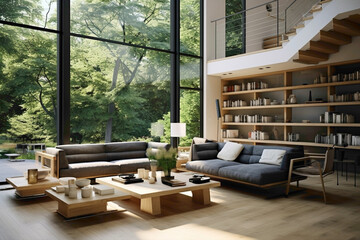 Modern living room with Scandinavian stairs, floor-to-ceiling windows, and comfortable seating around a sleek wood table.