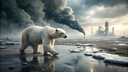 Fototapeten Polar bear threatened by climate change, global warming and ice melting, walking on a polluted land in a toxic atmosphere - Generative AI © Алишер