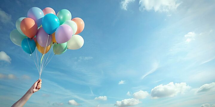 Female hand holding multicolored balloons against blue sky with clouds background