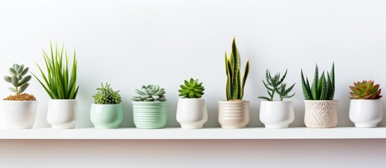 A row of various succulent plants in different pots placed neatly on a white shelf indoors. The minimalist display adds a touch of greenery to the space.