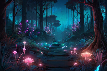 Enchanting fantasy forest art. Bioluminescent plants, glowing crystals, fireflies. Pandora-like planet at night. Epic landscape with blue and pink glow. 