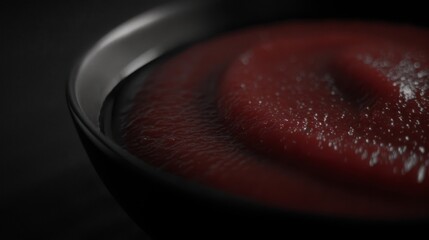  a close up view of a red substance in a metal bowl on a black surface with water droplets on the surface.