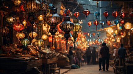 Night Market Lanterns Flicker Amidst Bustling Bazaar . - obrazy, fototapety, plakaty