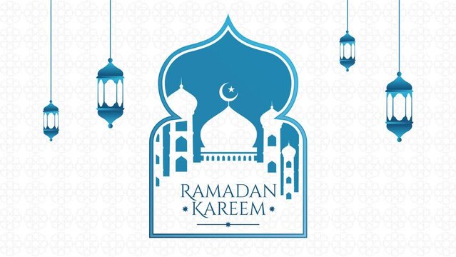 Background Animation For Ramadan Kareem Islamic Greeting. Blue Mosque and Lantern Modern Design