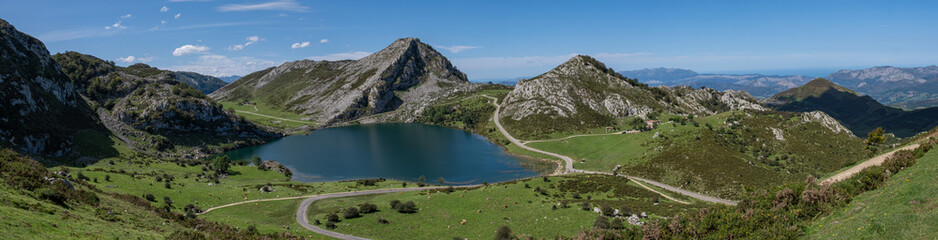 Lagoons of Covadonga in peaks of europe with mountains, free wild cows and people in tourism...
