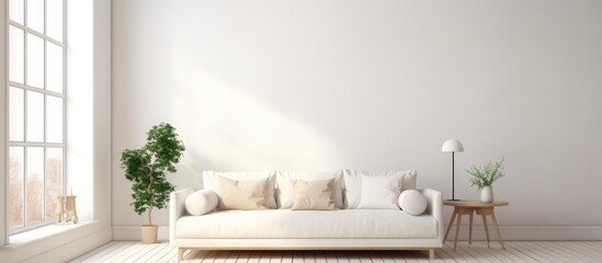 A white couch stands against a clean, minimalist backdrop in a living room, complemented by a potted plant adding a touch of greenery to the space.