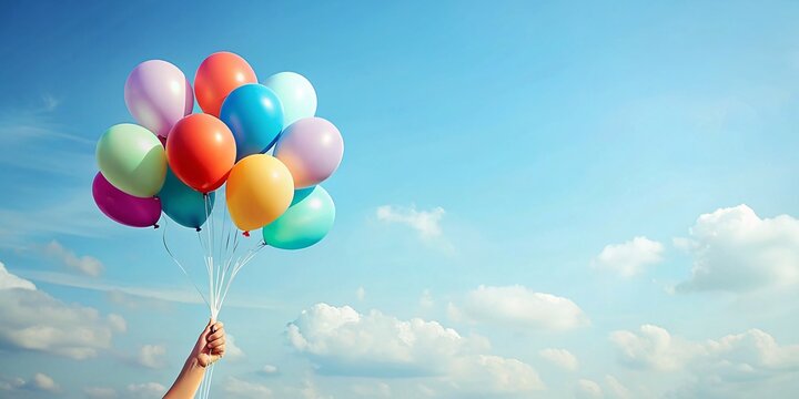 Female hand holding multicolored balloons against blue sky with clouds background