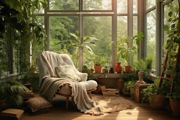 Tranquil living room with a solo chair, botanical addition, and a frame left open for your creative...