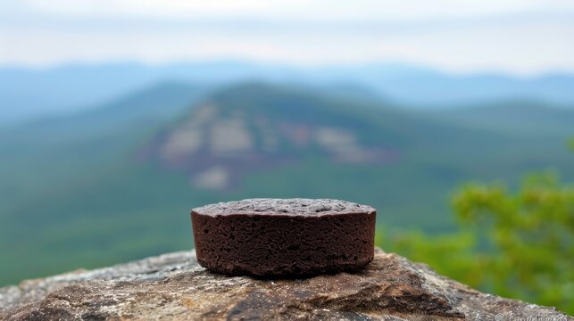 a piece of chocolate cake sitting on top of a rock with a view of a mountain range in the background.