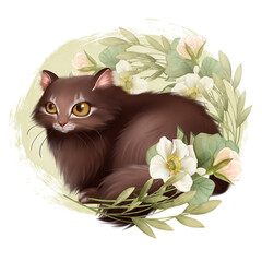 Kitten with flowers. Hand drawn illustration of cat. - 754298204