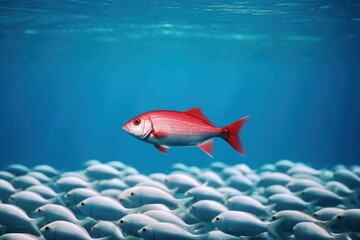 Red fish leading, white fish following, lone red fish, school of white, fish swimming together, odd one out, lateral thinker, think outside the box, generative AI, JPG
