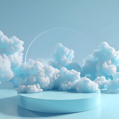 Blue product podium display with fluffy clouds . 3D display
