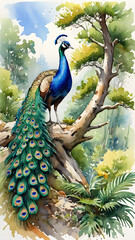 Obraz premium Colorful peacock perched on a tropical tree branch in vibrant jungle setting