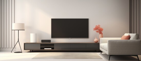 A living room featuring a white couch positioned against a light-colored wall, with a flat-screen TV mounted on the wall opposite the windows.