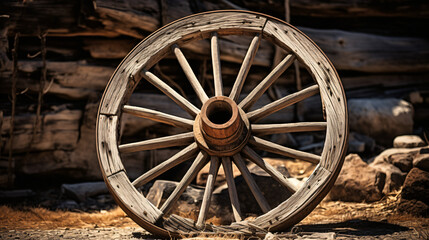 Fototapeta na wymiar Old Wooden Wheel Weathered Wooden Wagon Wheel 
