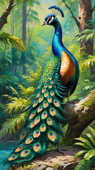 Fototapeta premium Colorful peacock perched on a tropical tree branch in vibrant jungle setting