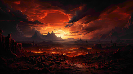 A breathtaking desert sunset, with the sky ablaze in warm tones as the sun dips below the horizon.