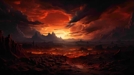 Gordijnen A breathtaking desert sunset, with the sky ablaze in warm tones as the sun dips below the horizon. © Hashmat