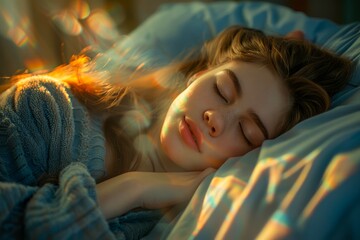 Serene Young Woman Sleeping Peacefully in Sunlit Cozy Bedroom with Gentle Morning Light Rays