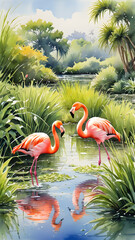Graceful pink flamingos standing in a tranquil pond amidst lush greenery, showcasing their vibrant feathers and elegant necks