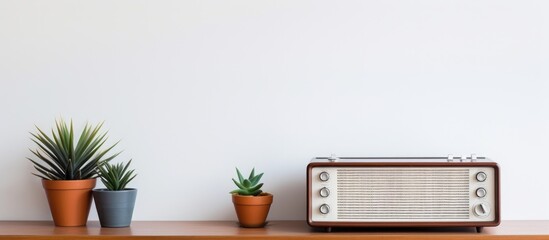 A wooden shelf adorned with a retro radio and various potted plants, creating a charming display in a minimalist interior setting. The radio stands out against the light wall,