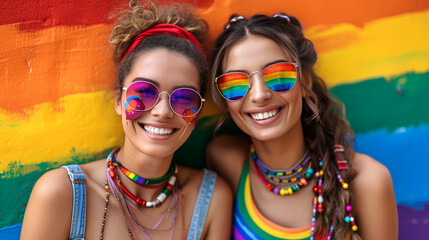 Two smiling young women gay in front of a Rainbow colorful wall. Bucle loop infinite. A couple of Women in partying at the pride Parade