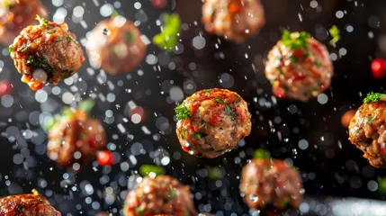 Fotobehang  a group of meatballs flying through the air with sprinkles of seasoning on top of them. © Kaija