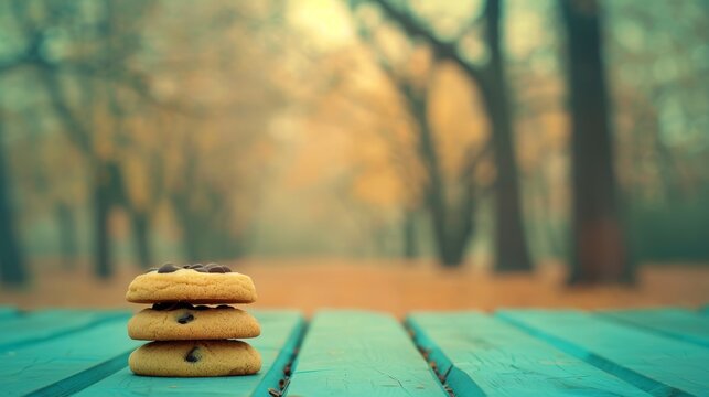  a stack of chocolate chip cookies sitting on top of a blue wooden table in front of a forest filled with trees.