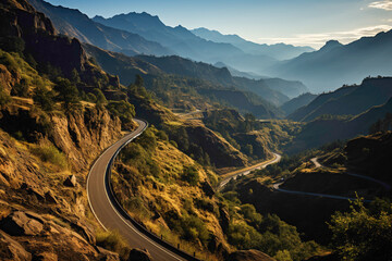 A breathtaking road ascending through a series of switchbacks, surrounded by towering cliffs and...