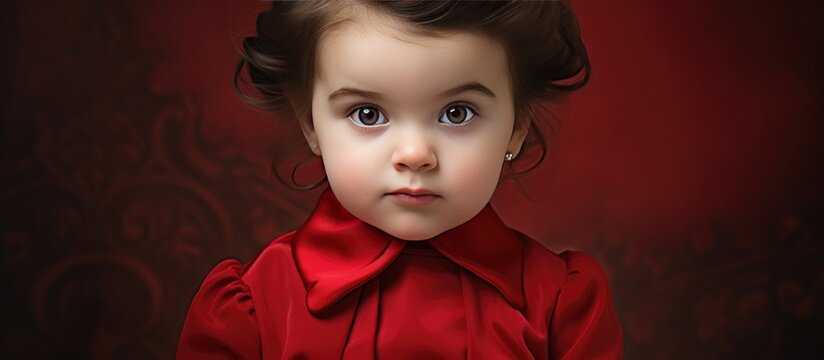 A portrait painting of a baby girl wearing an elegant, red dress. The girl is depicted in a poised stance, showcasing the vibrant color of her outfit.