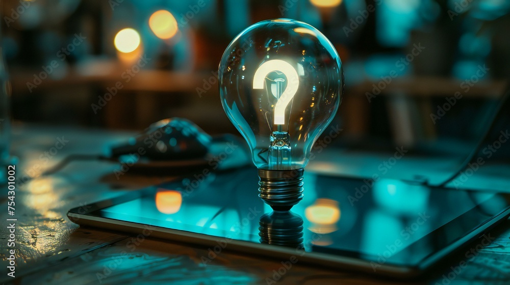 Poster a light bulb is on a tablet, with a question mark on it. concept of curiosity and wonder, as if the 