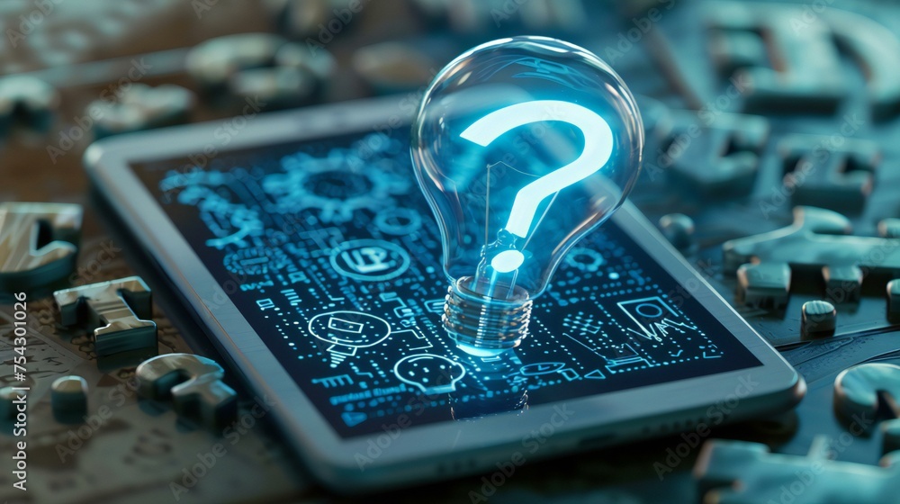 Poster a light bulb is on a tablet, with a question mark on it. concept of curiosity and wonder, as if the 
