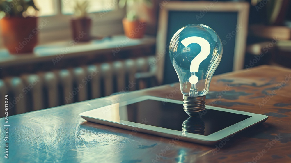 Poster a light bulb is on a tablet, with a question mark on it. concept of curiosity and wonder, as if the 