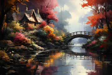 A bridge crossing a peaceful river, surrounded by lush greenery and vibrant flowers, creating a picturesque scene along the water's edge.