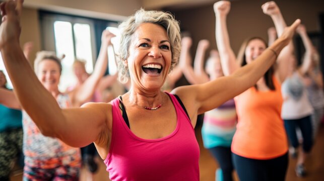 A group of beautiful Cheerful happy middle-aged Women, Friends are enjoying fun energetic zumba dancing in the gym. Training, Coach, Sports, Fitness, Motivation, Healthy Active Lifestyle concepts.