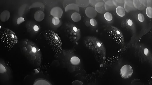  a black and white photo of a bunch of balls with drops of water on the surface of the image and a blurry background.