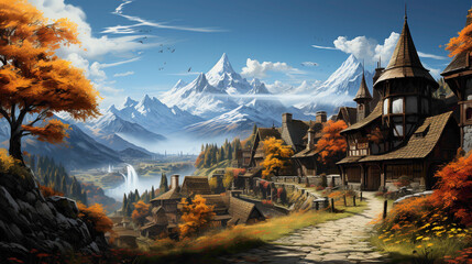 A captivating village nestled in the valley, smoke rising from chimneys of cozy homes, surrounded by vibrant autumn foliage, a moment frozen in HD detail against the backdrop of a clear sky. - Powered by Adobe